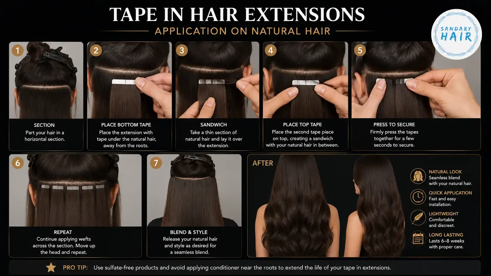 Tape in hair extensions application on natural hair