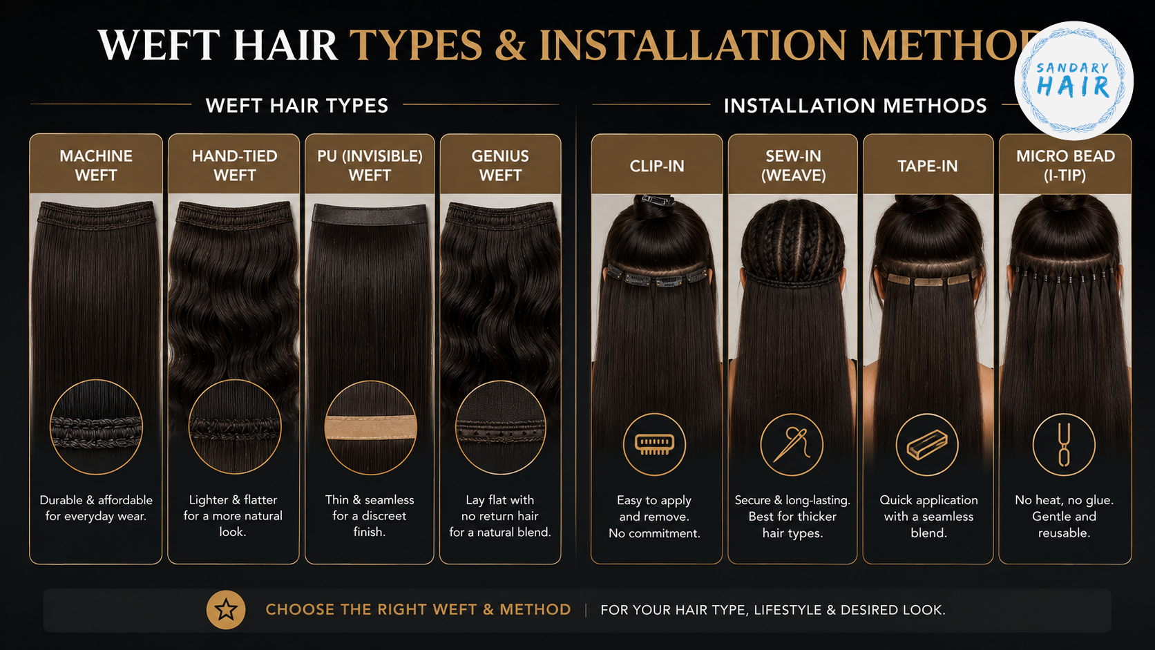 Weft hair types and installation methods
