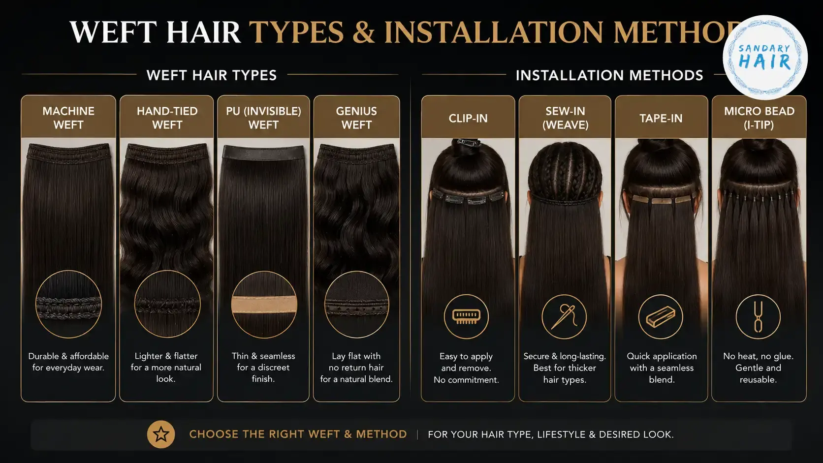 Weft hair types and installation methods